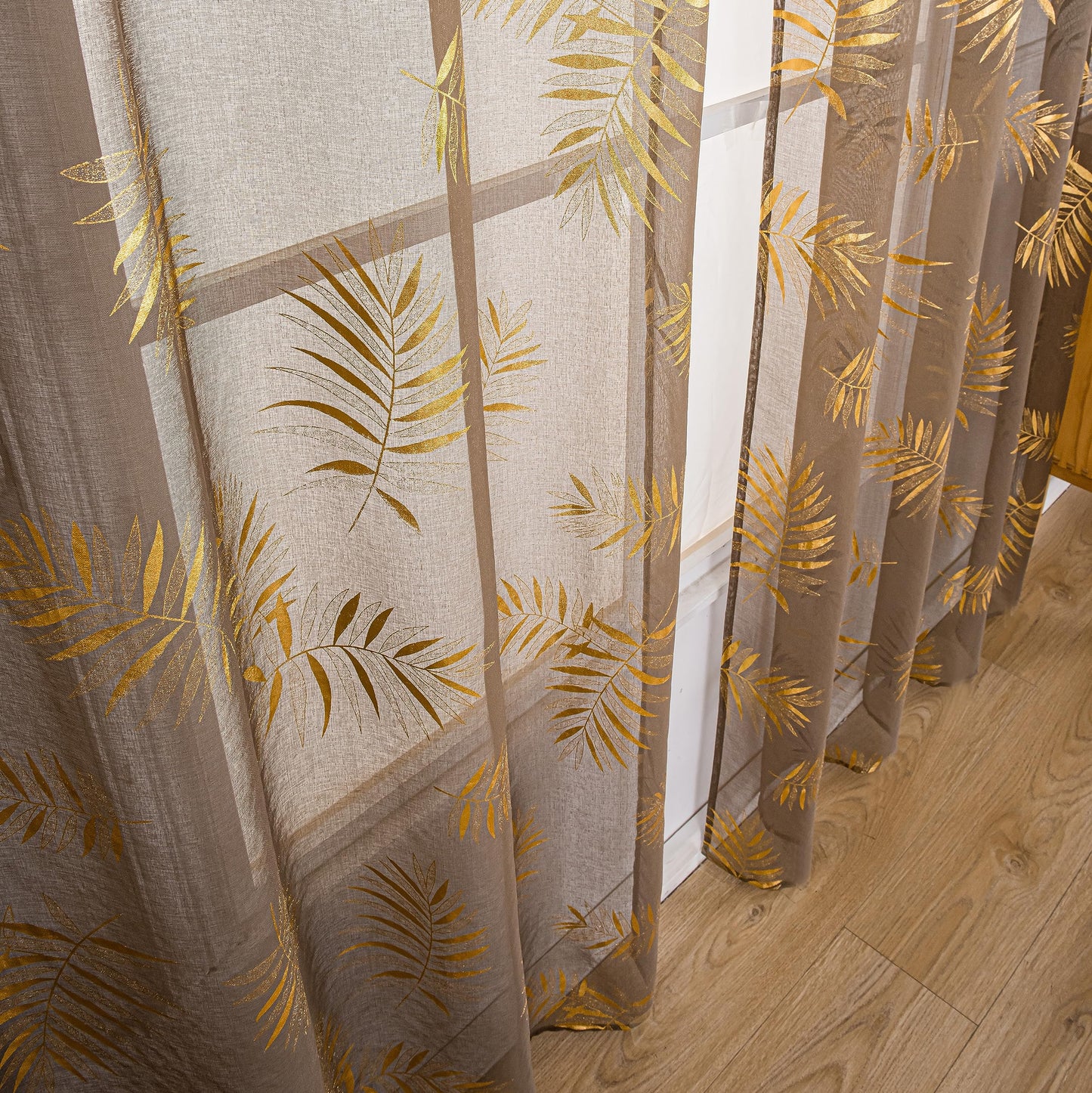 Sutuo Home Taupe Sheer Curtains 84 Inches Long 2 Panels Set, Gold Foil Print Metallic Bronzing Tropical Leaves, Privacy Voile Window Treatment Decor Drape Pair for Bedroom Living Room 52" W x 84" L