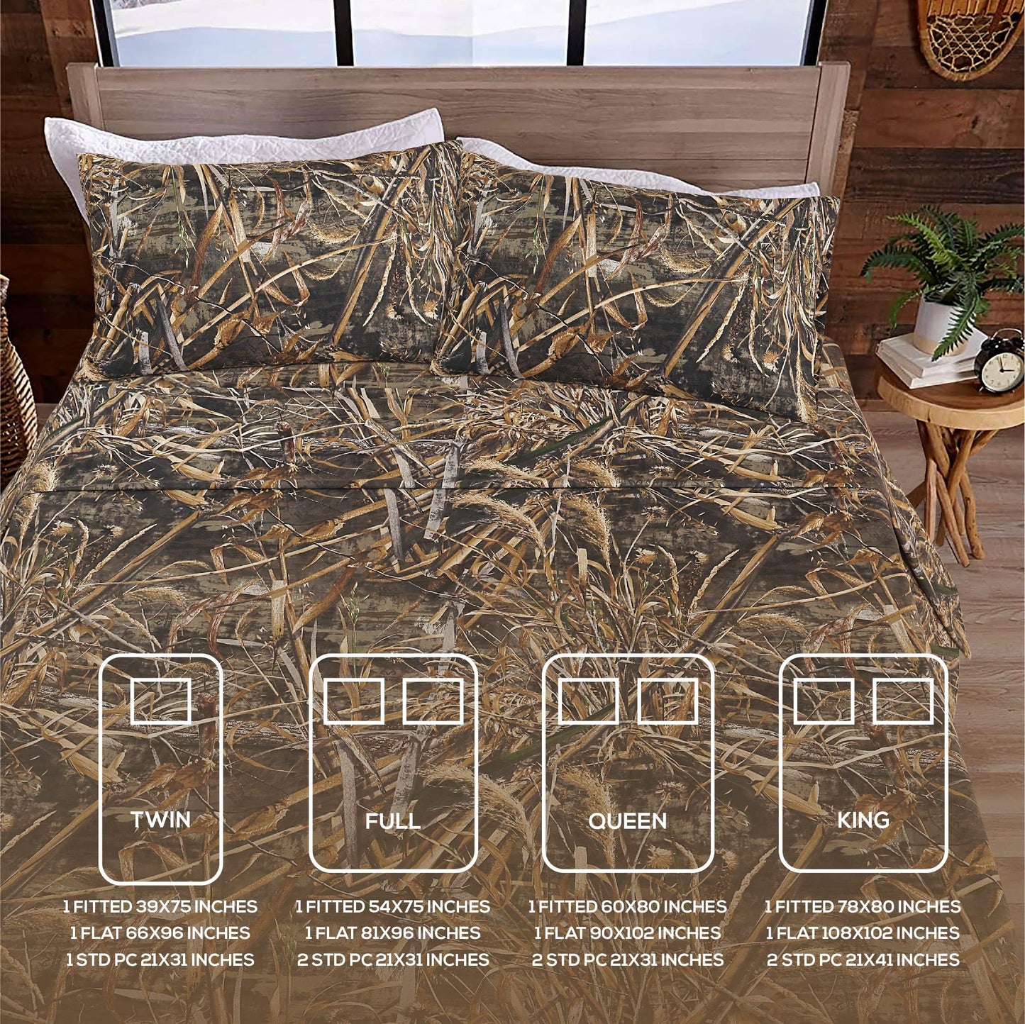VISI-ONE Realtree Max-5 Queen Camo 4 Piece Sheet Set – Lightweight, Cooling, Wrinkle-Free Microfiber 13" Deep Pocket Sheets, Unisex Rustic Western Farmhouse Style Made to Complement All Living Spaces