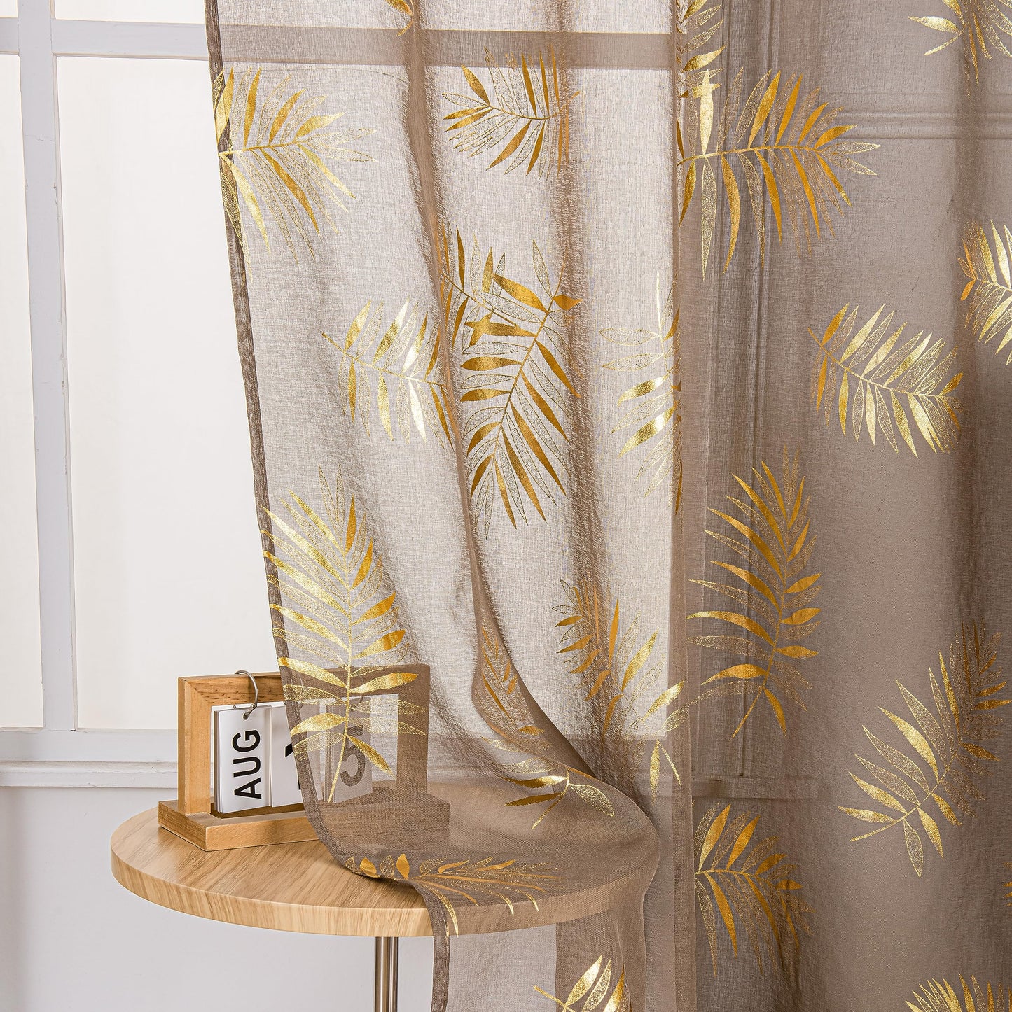 Sutuo Home Taupe Sheer Curtains 84 Inches Long 2 Panels Set, Gold Foil Print Metallic Bronzing Tropical Leaves, Privacy Voile Window Treatment Decor Drape Pair for Bedroom Living Room 52" W x 84" L