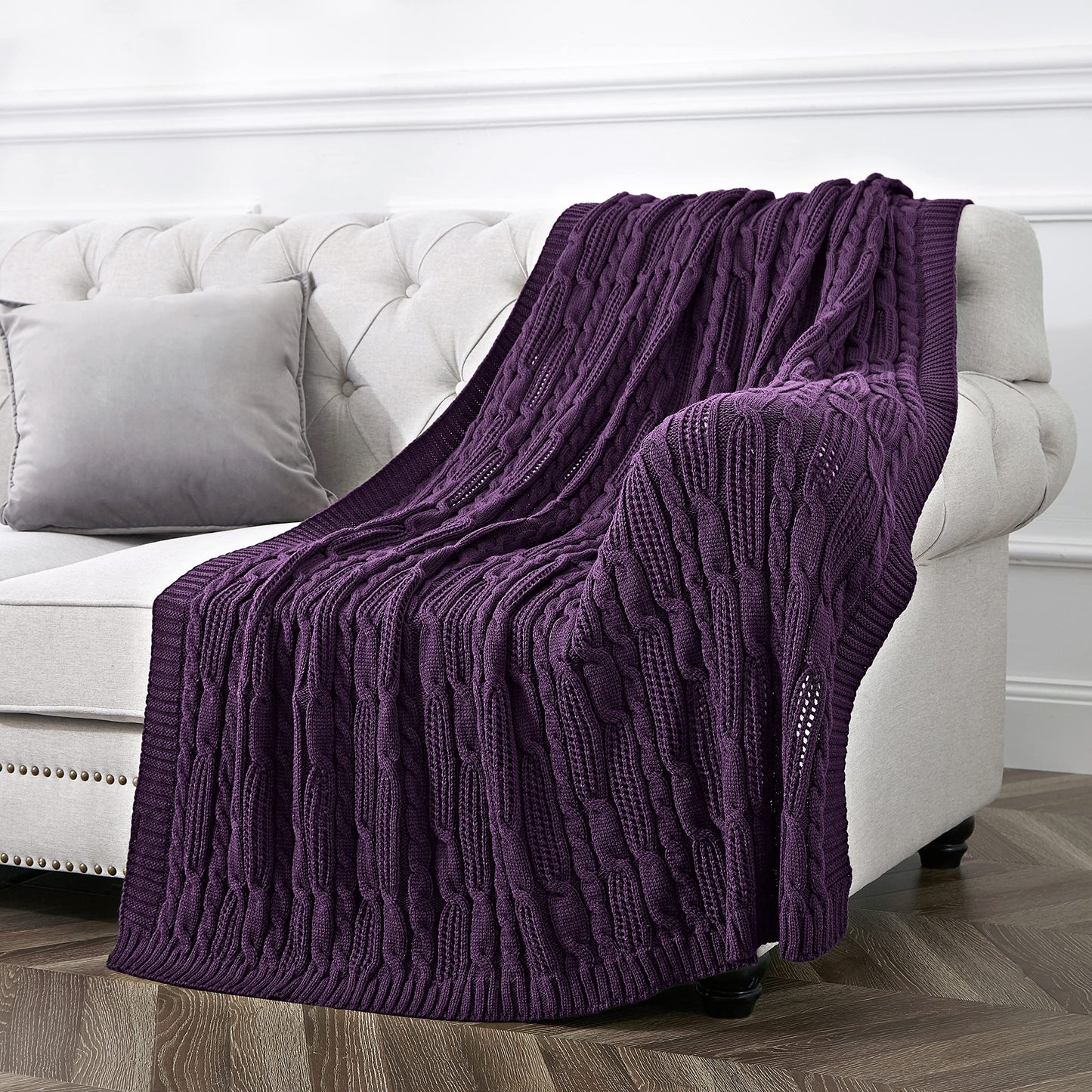 Aormenzy Cable Knit Throw Blankets 50 x 60 Inches, Soft Cozy and Lightweight Knitted Blanket, Machine Washable Acrylic Blanket, Decorative Throw Blanket for Couch Sofa Bed, Dark Purple