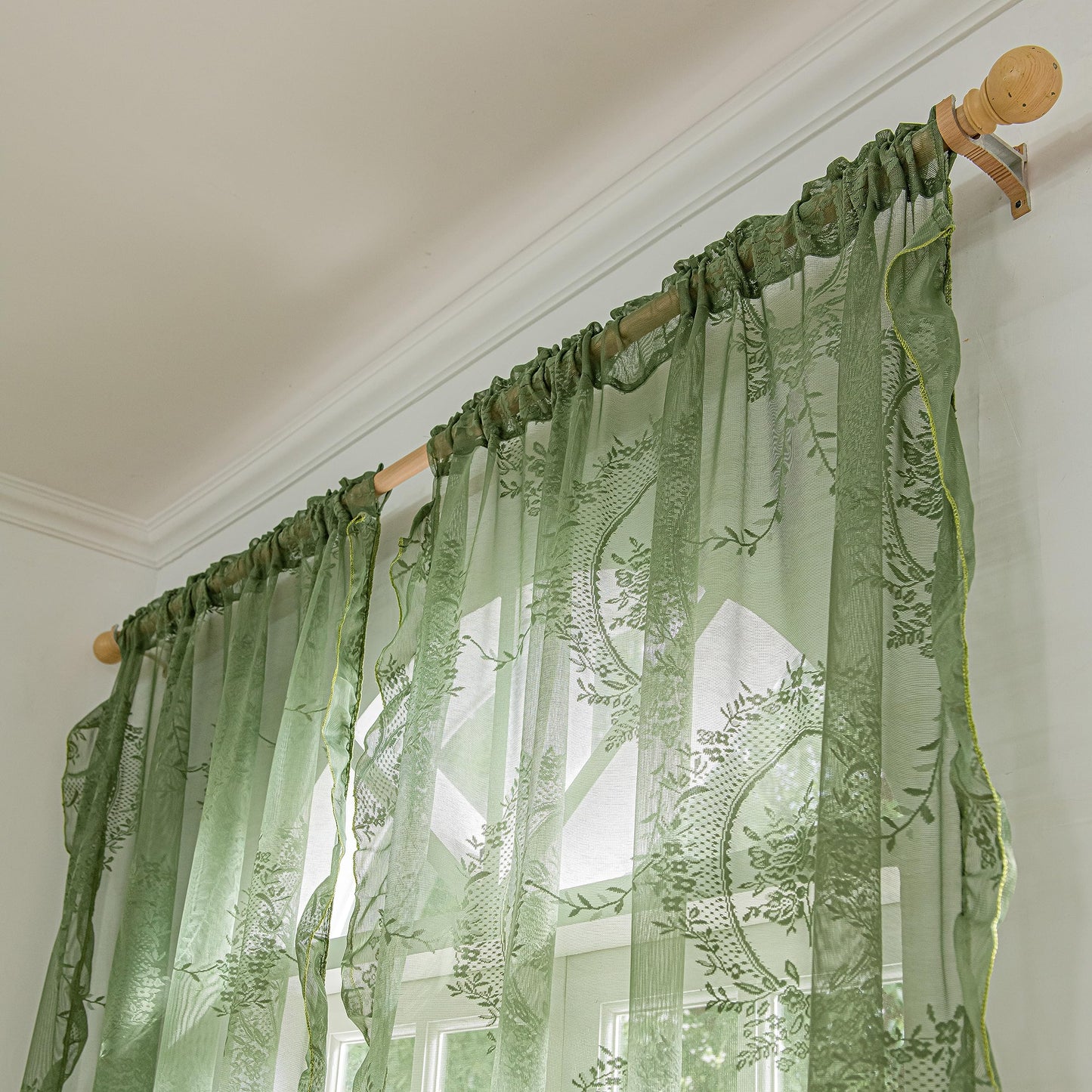 Lavyhuno Lace Curtains 84 Inches Long for Bedroom Living Room 2 Panels, Farmhouse Florals Embroidery Sheer Privacy Drapes for Christmas Decor Window Treatments Rod Pocket, W57 X L84 Olive Green