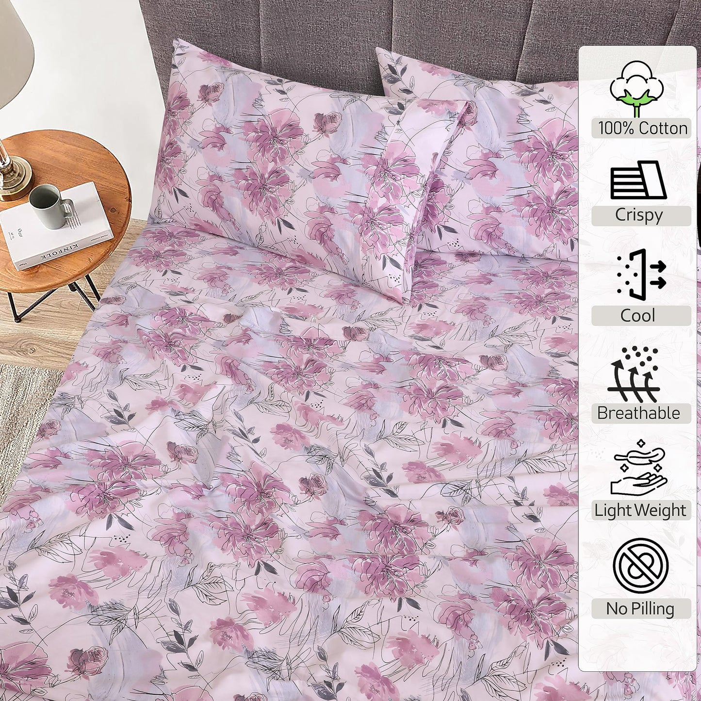 RUVANTI 100% Cotton Percale Sheets King Size – Crisp Cooling Bed Sheets for Hot Sleepers, Deep Pocket 16”, Soft Breathable & Durable Hotel-Style 4 Piece Set, Lilac Floral