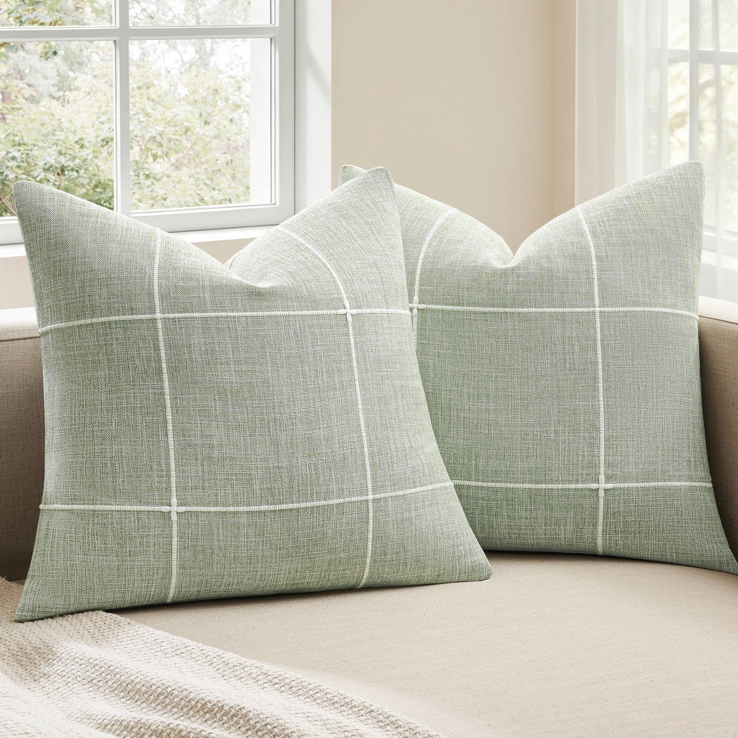 YZJZEDS 2 Packs Grid Embroidery Throw Pillow Covers, 18x18 Inch Light Sage Green, Farmhouse Linen Decorative Light Green Cushion Covers for Sofa Bed Living Room Home Decor