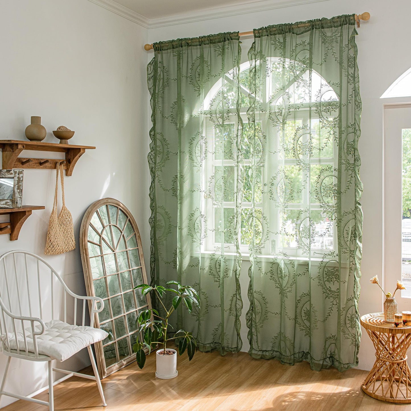 Lavyhuno Lace Curtains 84 Inches Long for Bedroom Living Room 2 Panels, Farmhouse Florals Embroidery Sheer Privacy Drapes for Christmas Decor Window Treatments Rod Pocket, W57 X L84 Olive Green