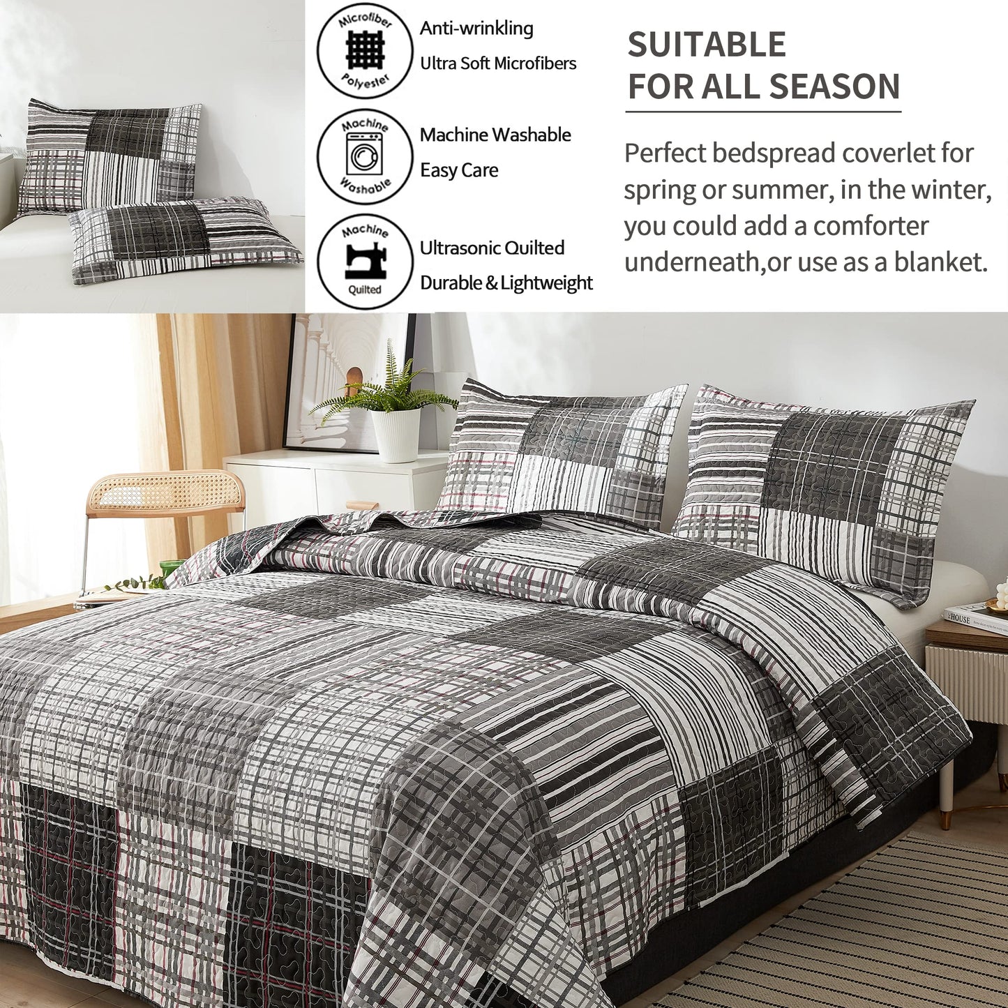 Bedspread Set Queen/Full Size Quilt Set Plaid Bed Spread Coverlet Black White Grey Plaid Patchwork Stripe Modern Quilt Bedspread Bedding Soft Lightweight Reversible Home Mens Quilts for Queen Bed