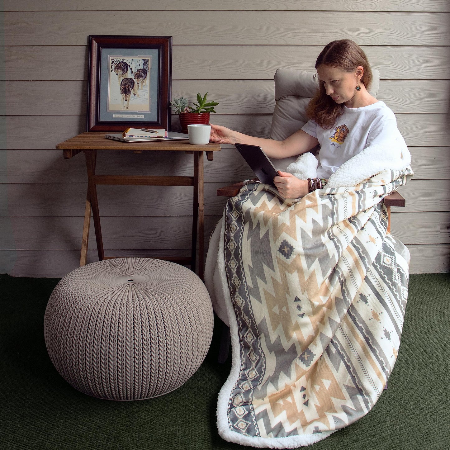 Paseo Road Indigo Hill by HiEnd Accents Desert Sage Aztec 3 Piece Sherpa Throw Blanket Set, Tribal Navajo Print Fleece Throw Set, Western Southwestern Style, 1 Throw and 2 Throw Pillows