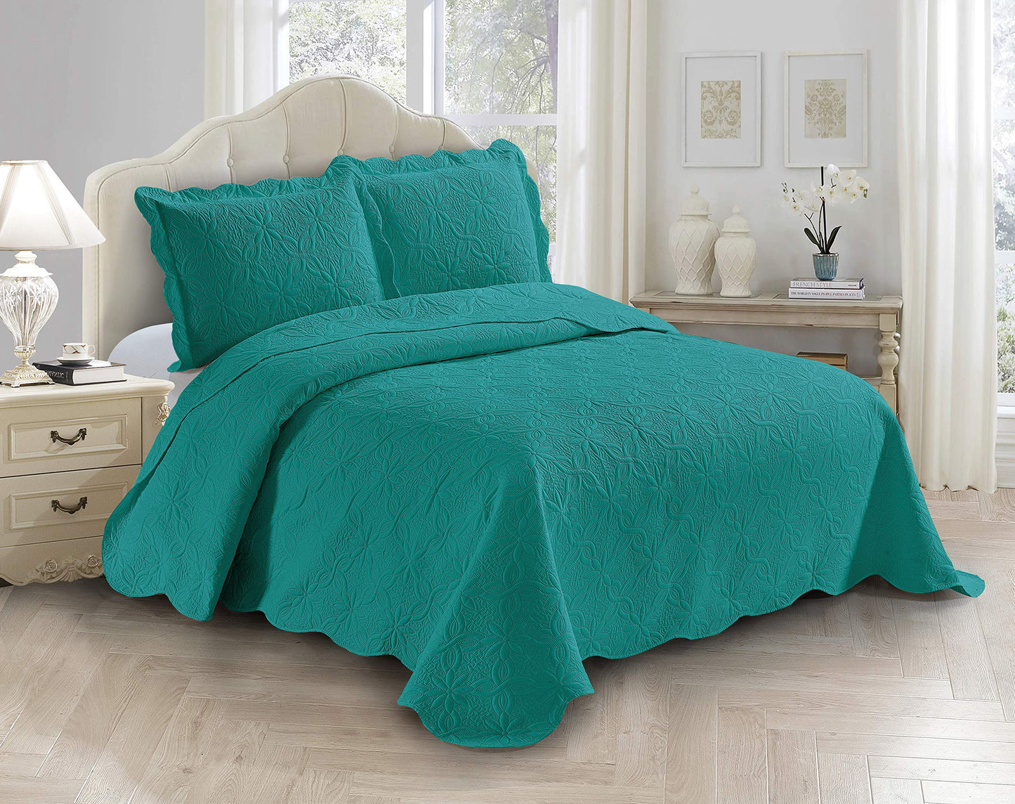 Fancy Linen 3pc Embossed Coverlet Bedspread Set Oversized Bed Cover Solid Floral Daisy Pattern New # Allis (Full/Queen, Turquoise)