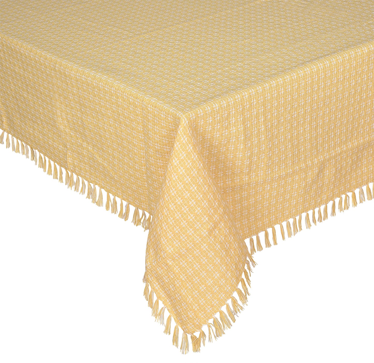 The Season Thread Table Cloth, Yellow/White Woven Fringed, 100% Cotton Table Cover, Size 52x52 Inch, Suitable for Formal Dining, Everyday Meals and Casual Occasions.
