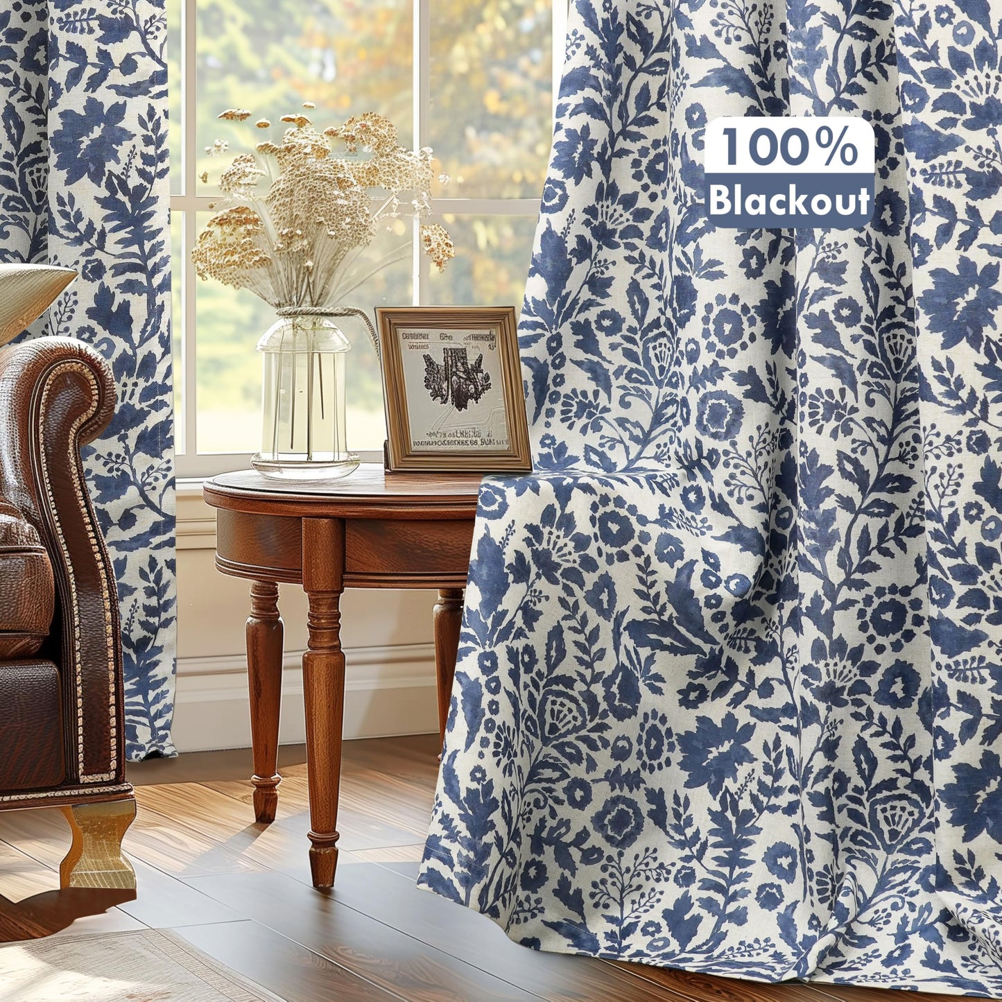 DriftAway Julia 100% Blackout Linen Curtains for Bedroom Navy Floral Watercolor Pattern Double Layer Thermal Insulated Sound Reducing Drapes for Living Room Grommet 2 Panels Each W52 x L84 Linen Navy