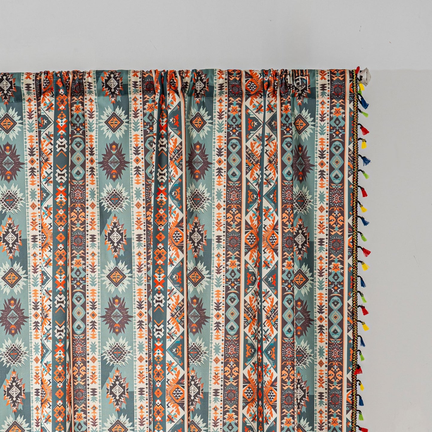 Erbnaryx Teal Orange Geometric Curtains 84 Inches Long, Boho Farmhouse Light Filtering Rod Pocket Drapes with Tassel Trim for Bedroom Living Room, 2 Panels