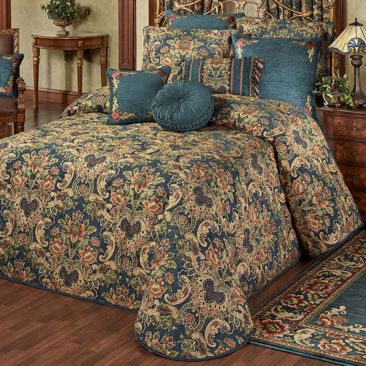 Casanova Chateau Luxury Bedding | Dark Teal Chenille | Bold, Colorful Jacobean Floral Blossoms | 6 Piece Bedding Set Includes Oversized King Bedspread, 2 King Shams, and 3 Decorative Accent Pillows