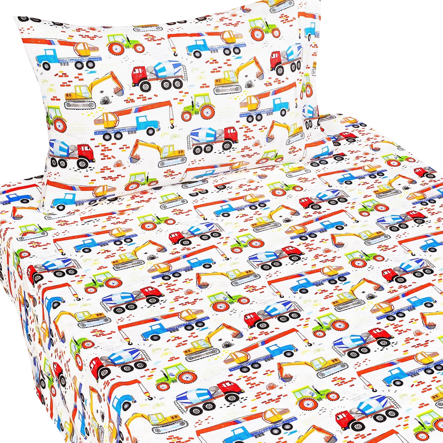 J-pinno Building Machine Excavator Concrete Mixer Tracor Crane Cars Twin Sheet Set for Kids Girls Boys Children,100% Cotton, Flat Sheet + Fitted Sheet + Pillowcase Bedding Decoration Gift Set