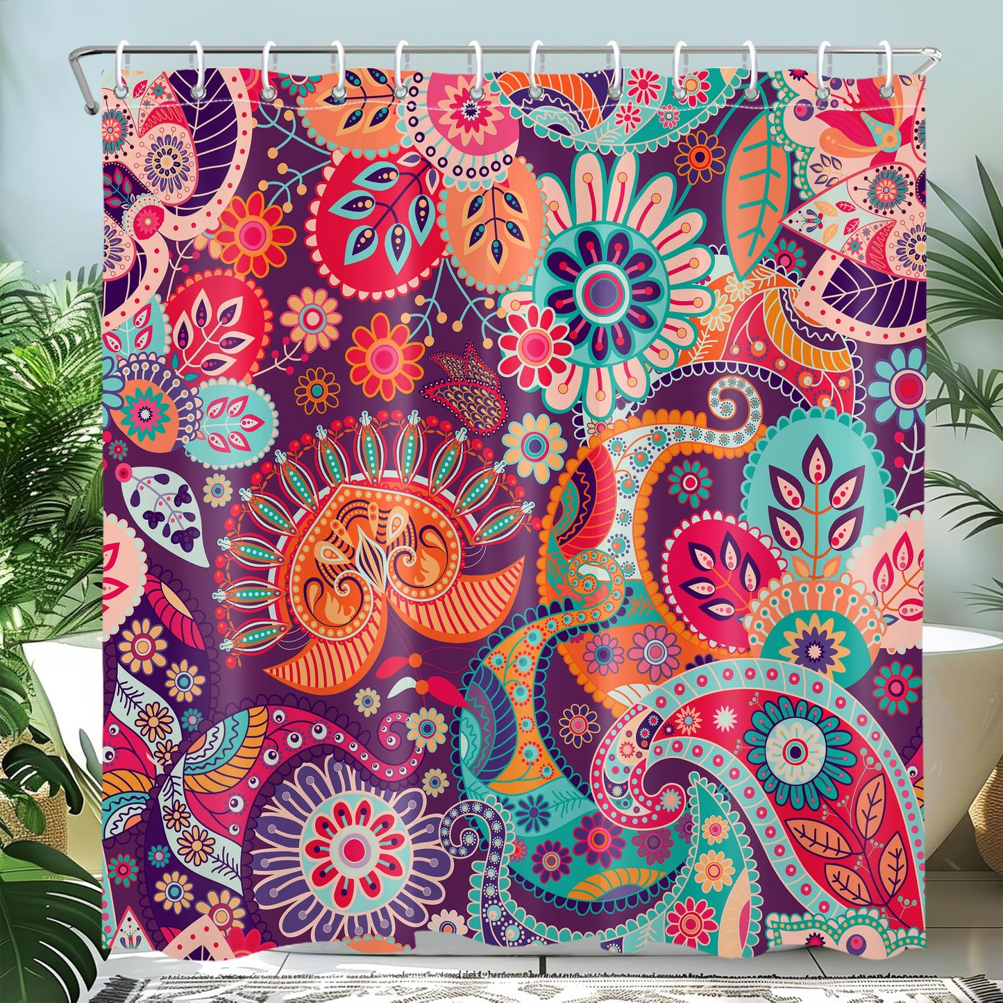 Mayormyth Boho Paisley Floral Shower Curtain Mandala Indian Abstract Bathroom Shower Curtains Bohemian Colorful Flower Shower Curtain Set Polyester Waterproof Cloth Fabric with Hooks 72x72 Inches