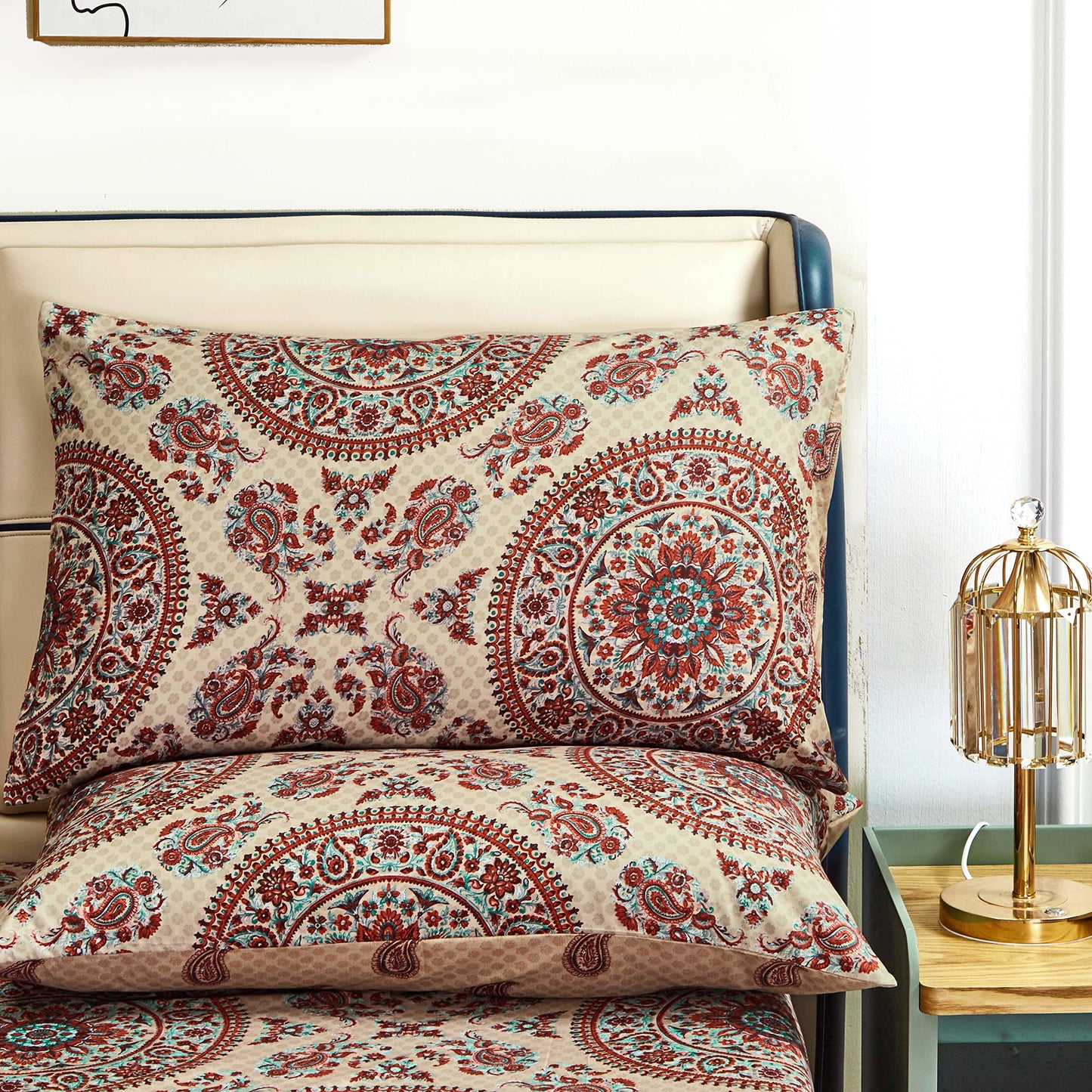 Tache Bohemian Mandala Fitted Sheet + Pillowcases - Retro Vintage Rustic Boho Chic Medallion Paisley Boteh 15-inch Deep Pocket Bed Sheet, 3 Piece Set, Cal King