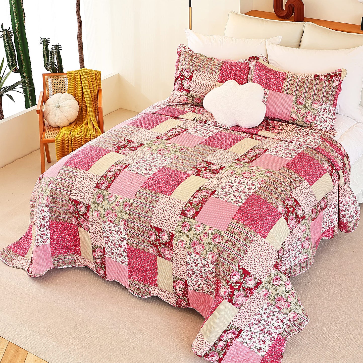 Cmfshape Summer Floral Queen Quilted Bedspread,Romantic Pink Quilt Set Full,Reversible Stitched Bedding Set All Season,Soft Lightweight Coverlet with Pillow Cases (Hot Pink&Rose, Queen90 x90)