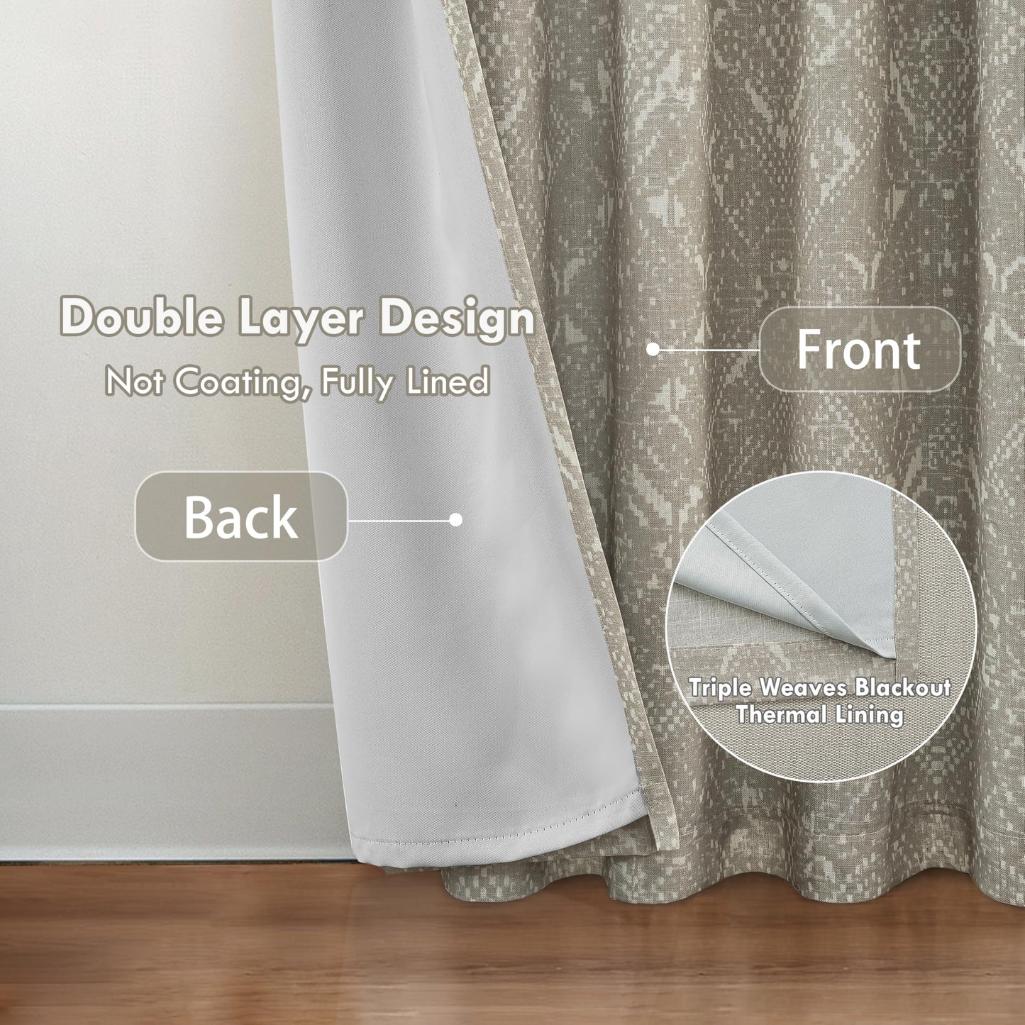 DriftAway Boho Linen Blackout Curtains Double Layer Thermal Insulated Crochet Farmhouse Vintage Retro Printed Pattern Lined Drapes for Living Room Bedroom 84 Inches Long Back Tab 2 Panels Beige