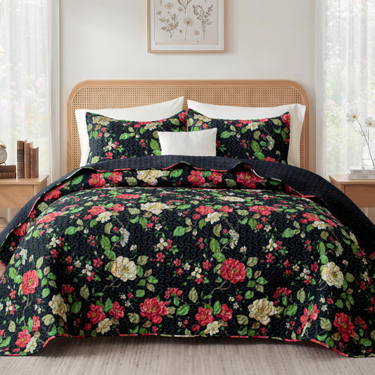 Exclusivo Mezcla Floral Quilt King Size, Black King Size Quilt Bedding Set with Red Vintage Flower Pattern, Reversible Lightweight Spring Bedspreads Coverlets Bed Cover for All Seasons (104"x96")