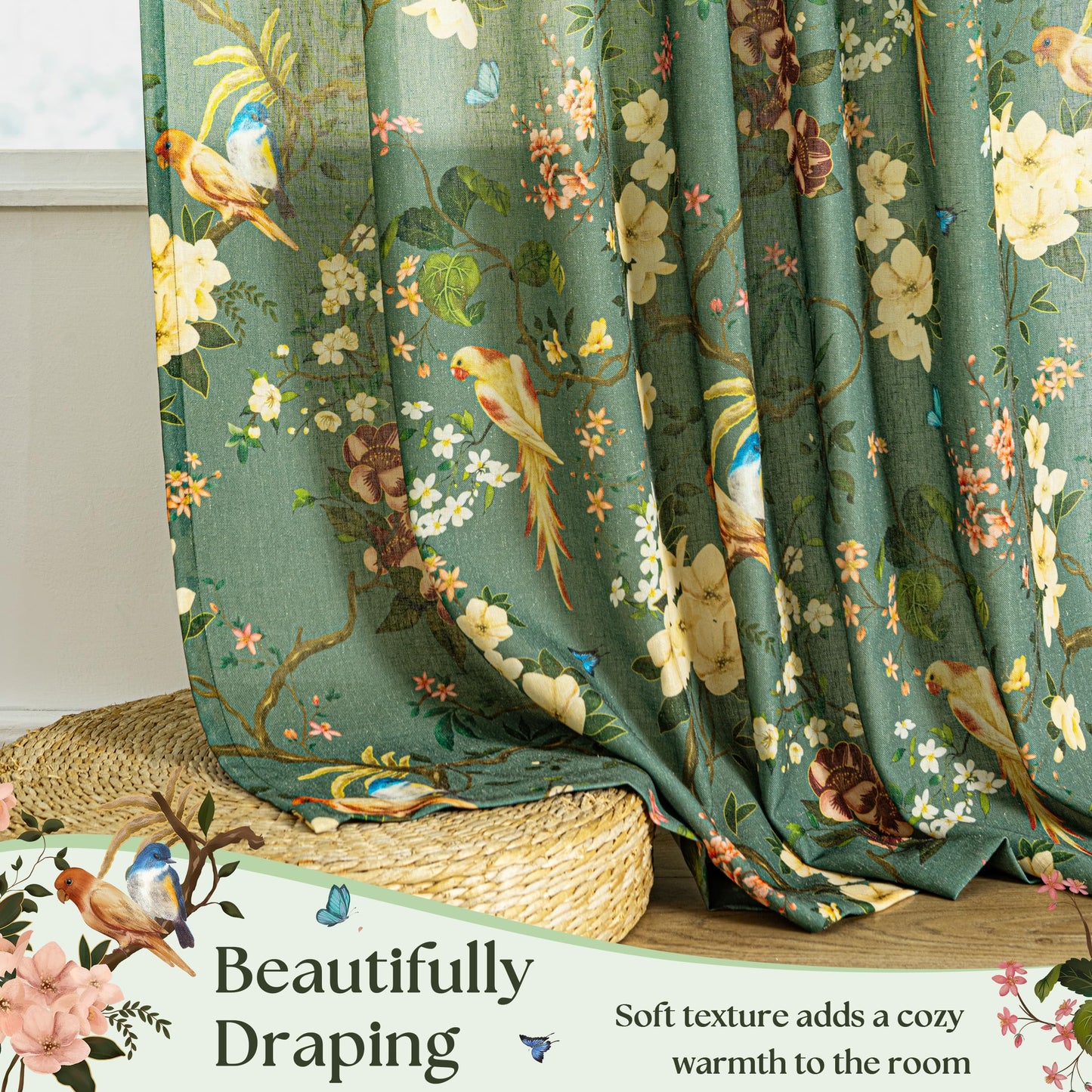 Olive Green Floral Linen Curtains for Living Room 84 Inches Long 2 Panels