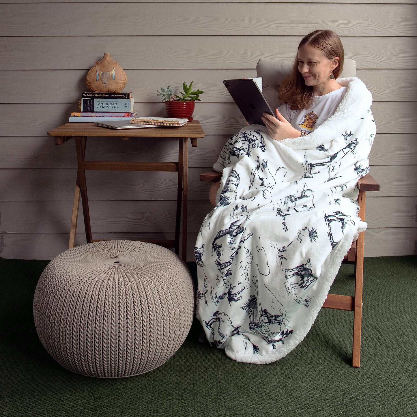 Paseo Road Indigo Hill by HiEnd Accents Ranch Life 3 Piece Sherpa Throw Blanket Set, White Black Cowboy Cow Longhorn Horse Print Fleece Throw Set, Western Rustic Style, 1 Throw and 2 Pillows