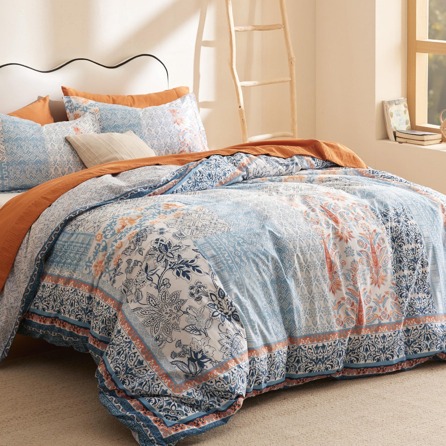 Bedsure Duvet Cover Queen Size - 100% Cotton Reversible Floral Queen Duvet Cover Set with Zipper Closure, 3 Pieces Soft & Breathable PureWoven Bohemian Blue Bedding Set with 2 Pillow Shams 20"x26"