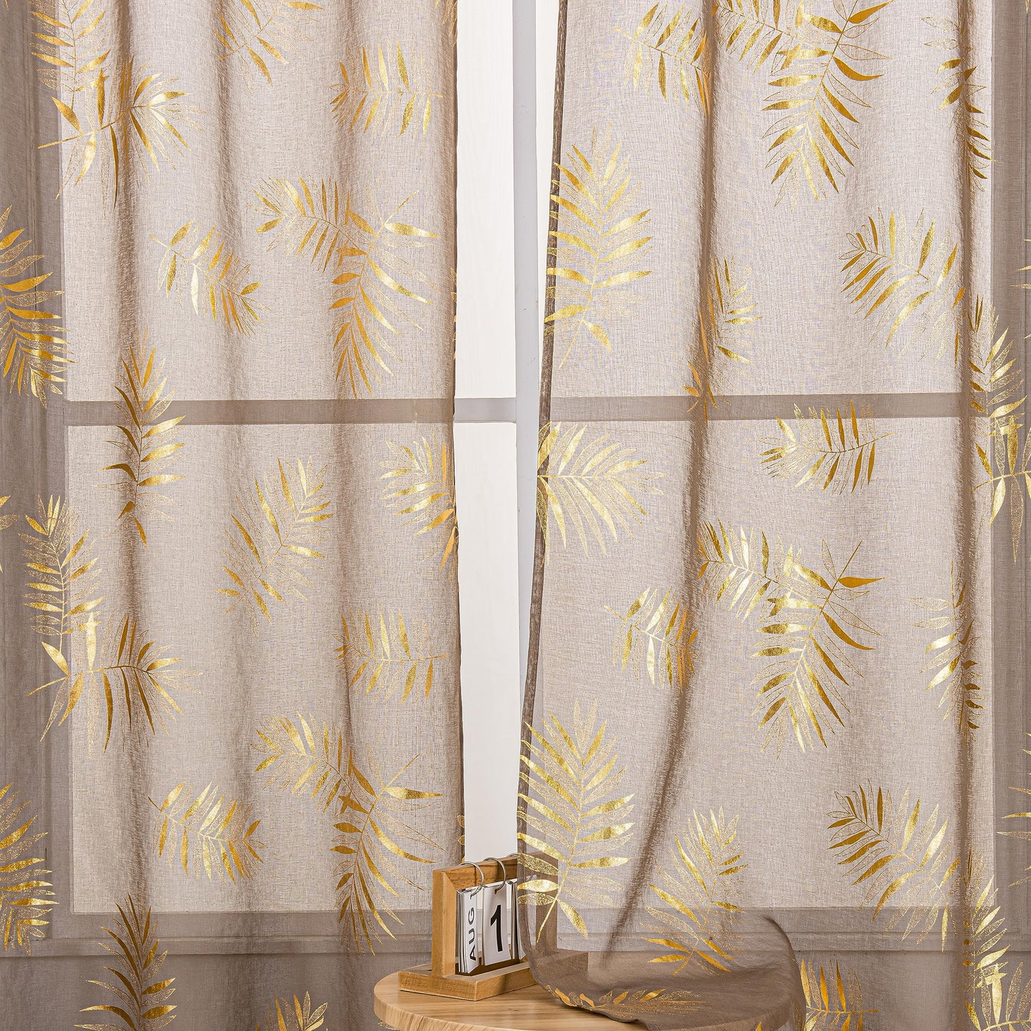 Sutuo Home Taupe Sheer Curtains 84 Inches Long 2 Panels Set, Gold Foil Print Metallic Bronzing Tropical Leaves, Privacy Voile Window Treatment Decor Drape Pair for Bedroom Living Room 52" W x 84" L
