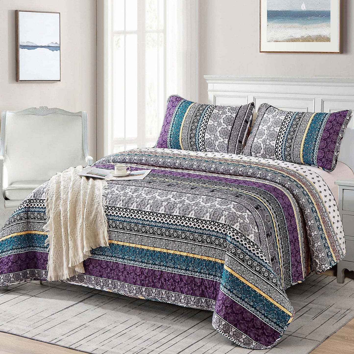 WONGS BEDDING Boho Quilt Set King Size, Purple Bohemian 3 Pieces Quilt Sets, Lightweight Bedspread Coverlet Bedding Set for All Season (103"x90")