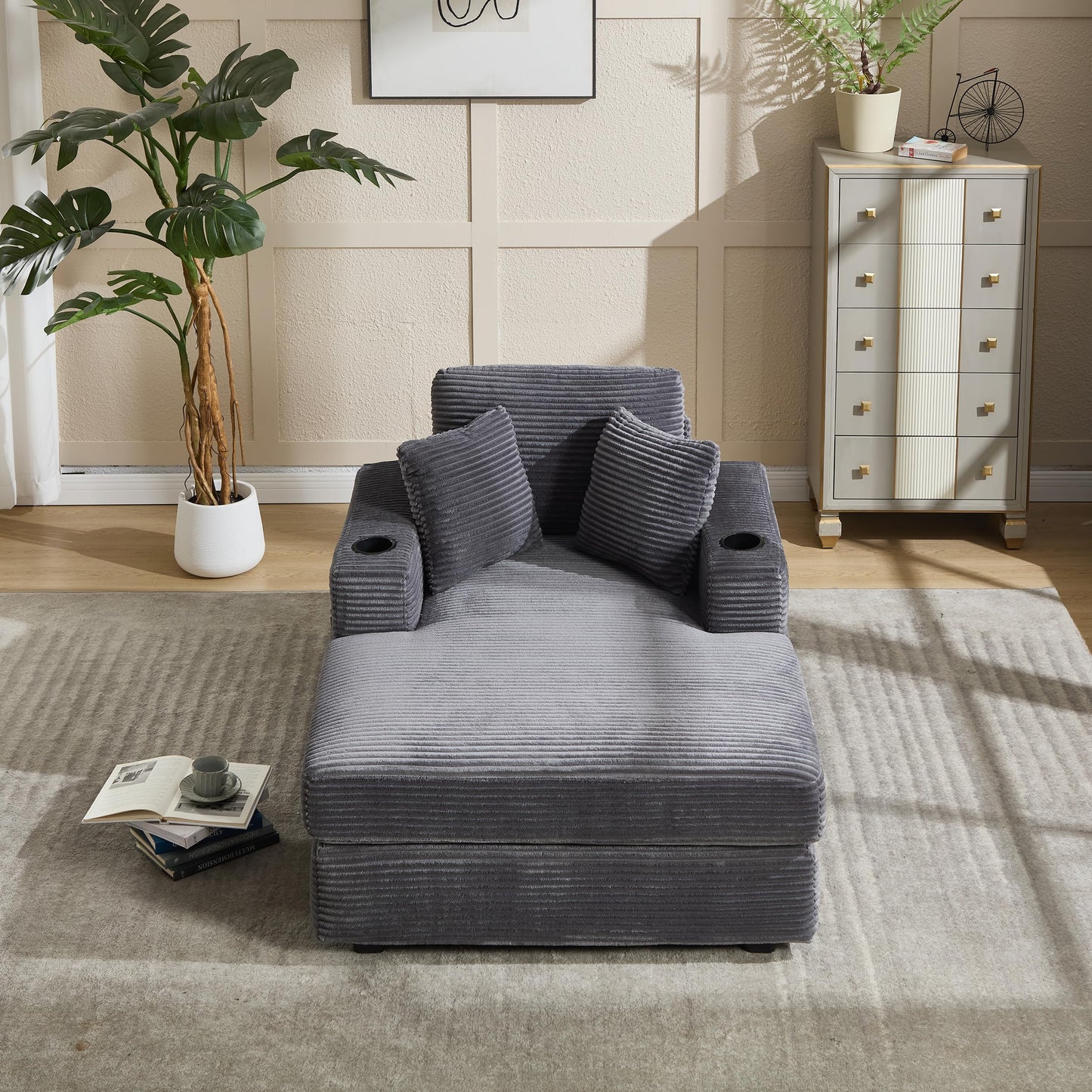 Eafurn Oversized Chaise Lounge Chair Indoor, Modern Corduroy Sleeper Daybed with 2 Cup Holders and Side Pockets, Comfy Upholstered Reading Chair with Solid Wood Frame for Living Room, Bedroom