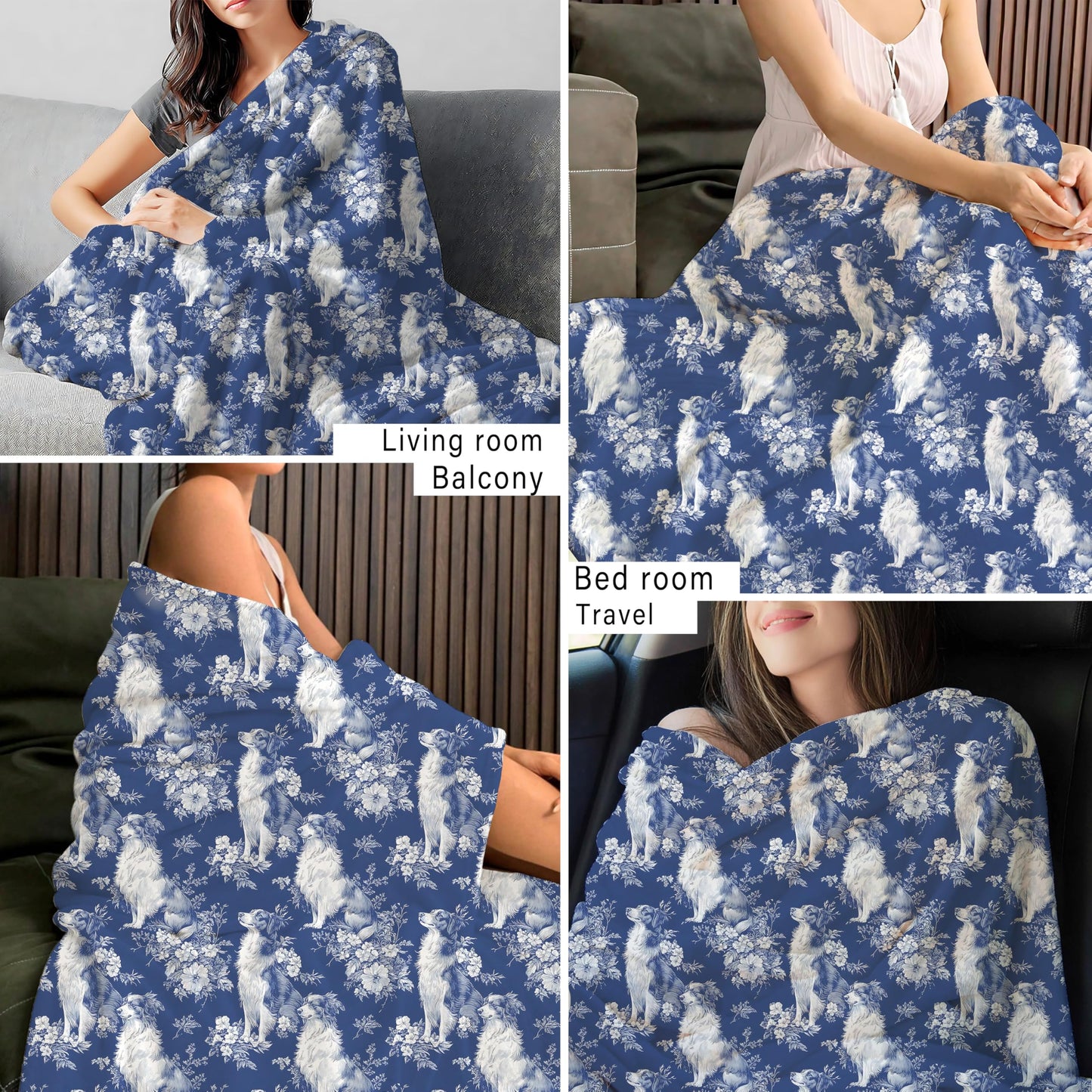 BUJSP Blue Chinoiserie Border Collie Blanket, Border Collie Gifts for Women, Grandmillennial Blue and White French Toile Dog Throw Blanket for Home Bedroom Room Couch Bed Decor, 50x60 Inches