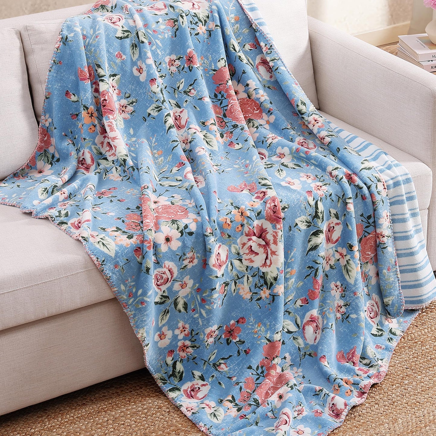 Floral Reversible Throw Blanket, Coco Flannel Bed Blankets for Women Gifts