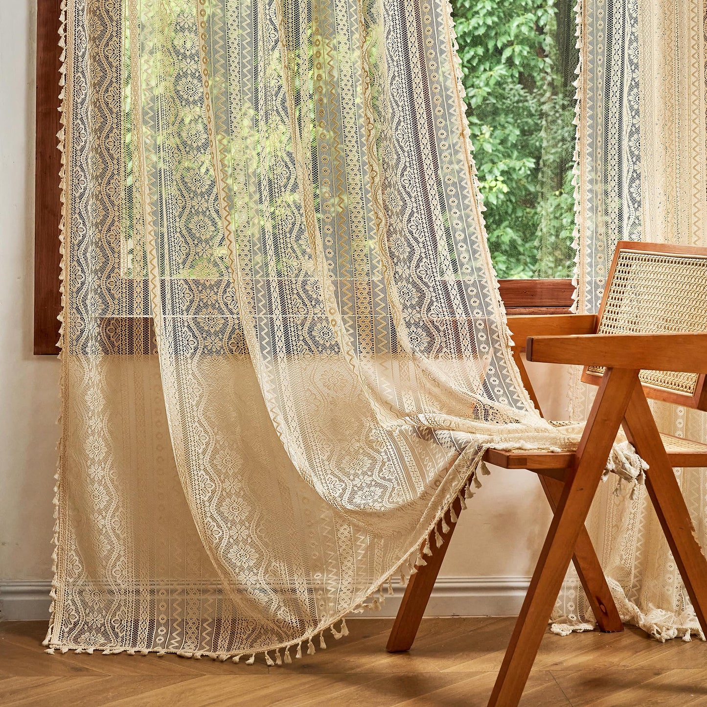 MYSKY HOME Beige Boho Lace Sheer Curtains with Tassels 84 Inch Length 2 Panels Vintage Floral Bohemian Pattern French Rustic Crochet Geometry Striped Rod Pocket Drapes for Living Room Bedroom, 55" W