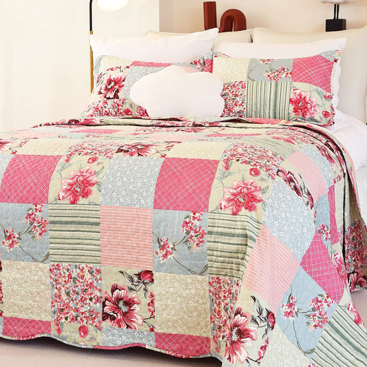 Cmfshape Summer Floral King Quilted Bedspread,Romantic Pink Quilt Set King,Reversible Stitched Bedding Set All Season,Soft Lightweight Coverlet with Pillow Cases (Pink&Grey, King102 x90)