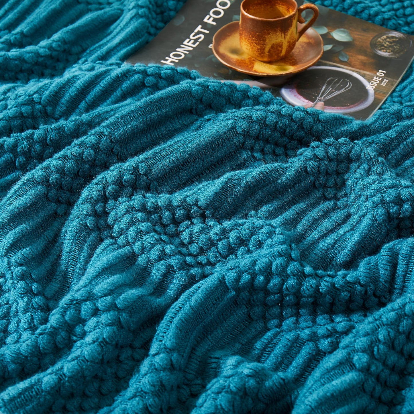 HommxJF Teal Knitted Decorative Throw Blankets for Couch, Bedroom and Officeroom,Textured Fade Resistant Soft and Warm Knit Blanket with Tassel,50"x60"