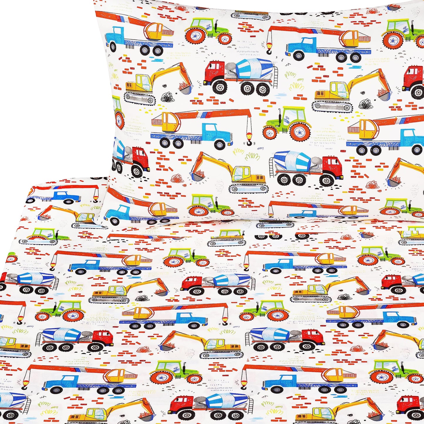 J-pinno Building Machine Excavator Concrete Mixer Tracor Crane Cars Twin Sheet Set for Kids Girls Boys Children,100% Cotton, Flat Sheet + Fitted Sheet + Pillowcase Bedding Decoration Gift Set