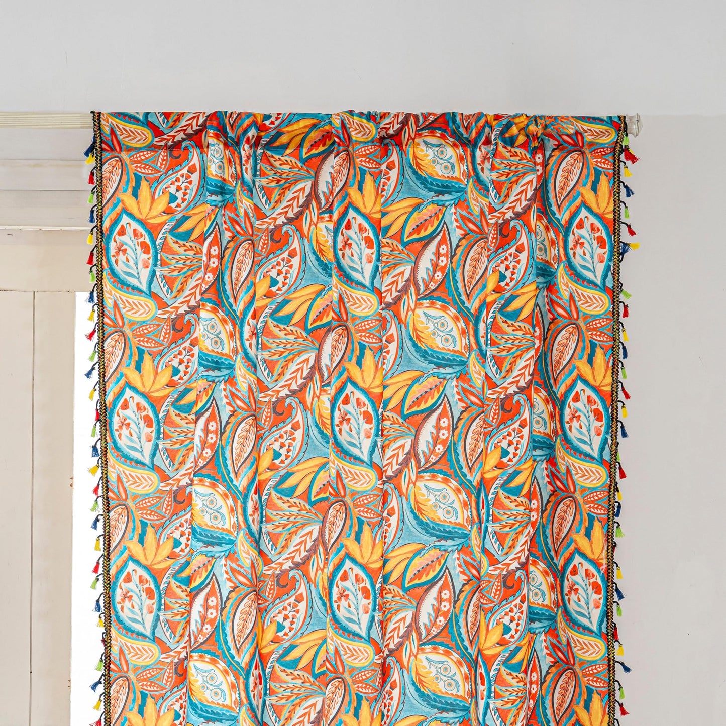 Erbnaryx Boho Paisley Curtains 72 Inches Long, Orange Blue Light Filtering Rod Pocket Drapes with Tassel Trim for Bedroom Living Room, 2 Panels