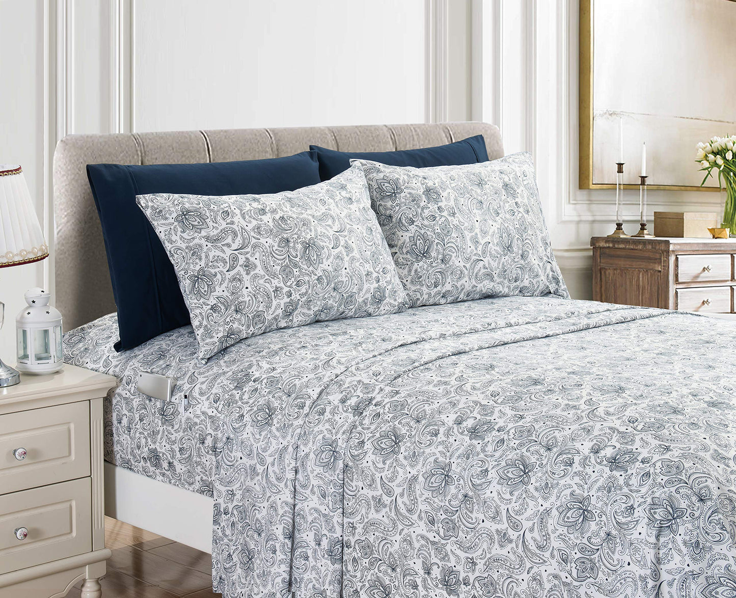 Elegant Comfort Amelia Paisley Printed 6-Piece Sheet Set, Deep Pocket 1500 Thread Count, Fade, Stain, and Wrinkle Resistant, Fitted Sheets with Smart Pockets, Paisley Sheet Set, Queen, Sapphire Navy
