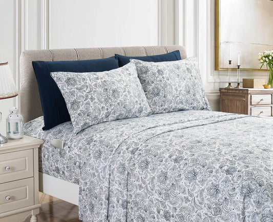 Elegant Comfort Amelia Paisley Printed 6-Piece Sheet Set, Deep Pocket 1500 Thread Count, Fade, Stain, and Wrinkle Resistant, Fitted Sheets with Smart Pockets, Paisley Sheet Set, Queen, Sapphire Navy