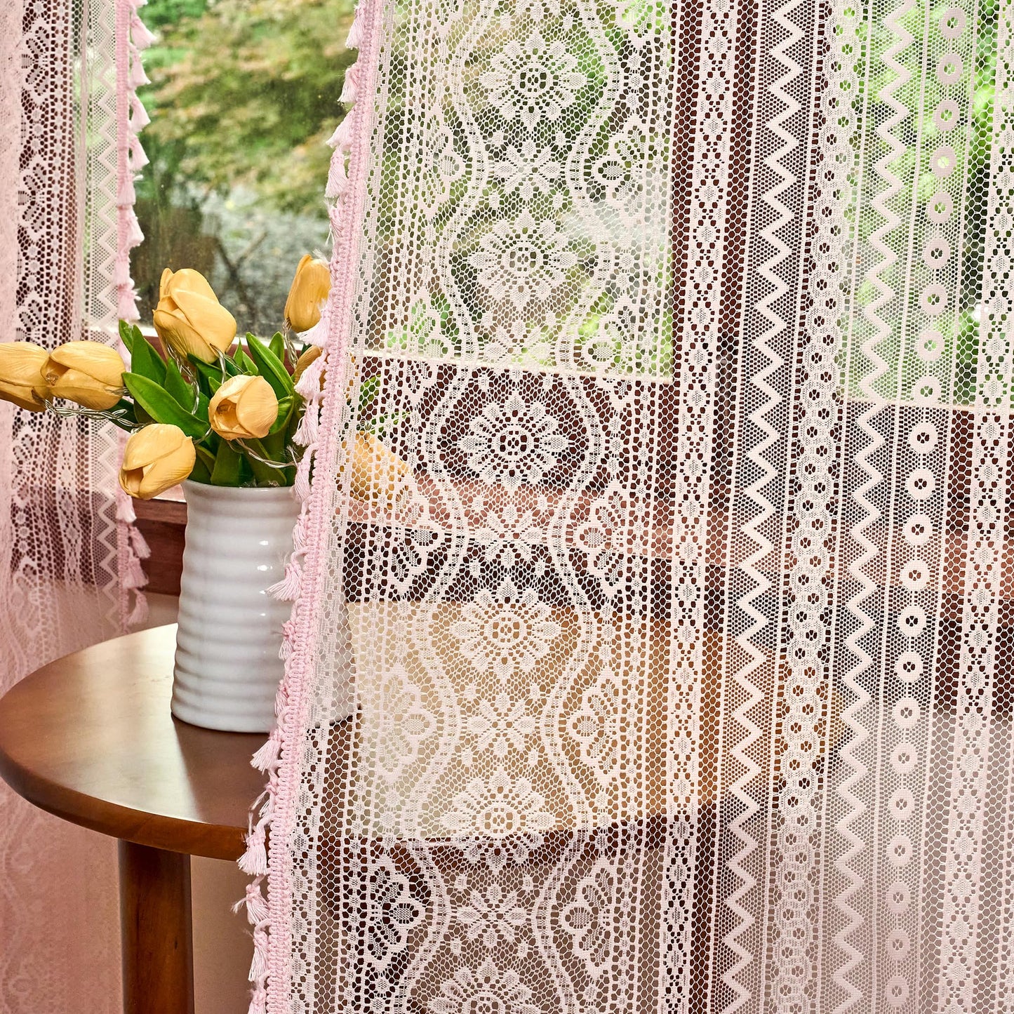 MYSKY HOME Pink Sheer Lace Curtains 2 Panels 90 inch Length for Girls Room Nursery Boho Vintage Floral Crochet Pattern Privacy Rod Pocket Tassels Small Windows Curtains, Wide 55 inch, 2 PCs