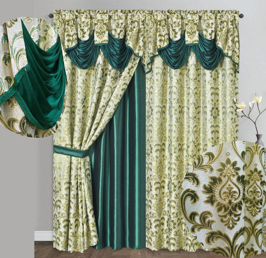 GOHD Samba Star. Jacquard Window Curtain Panel Drape with Attached Fancy Valance and Taffeta Backing. 2pcs Set. Each pc 54" Wide x 90" Drop with 18" Valance. (Hunter Green)