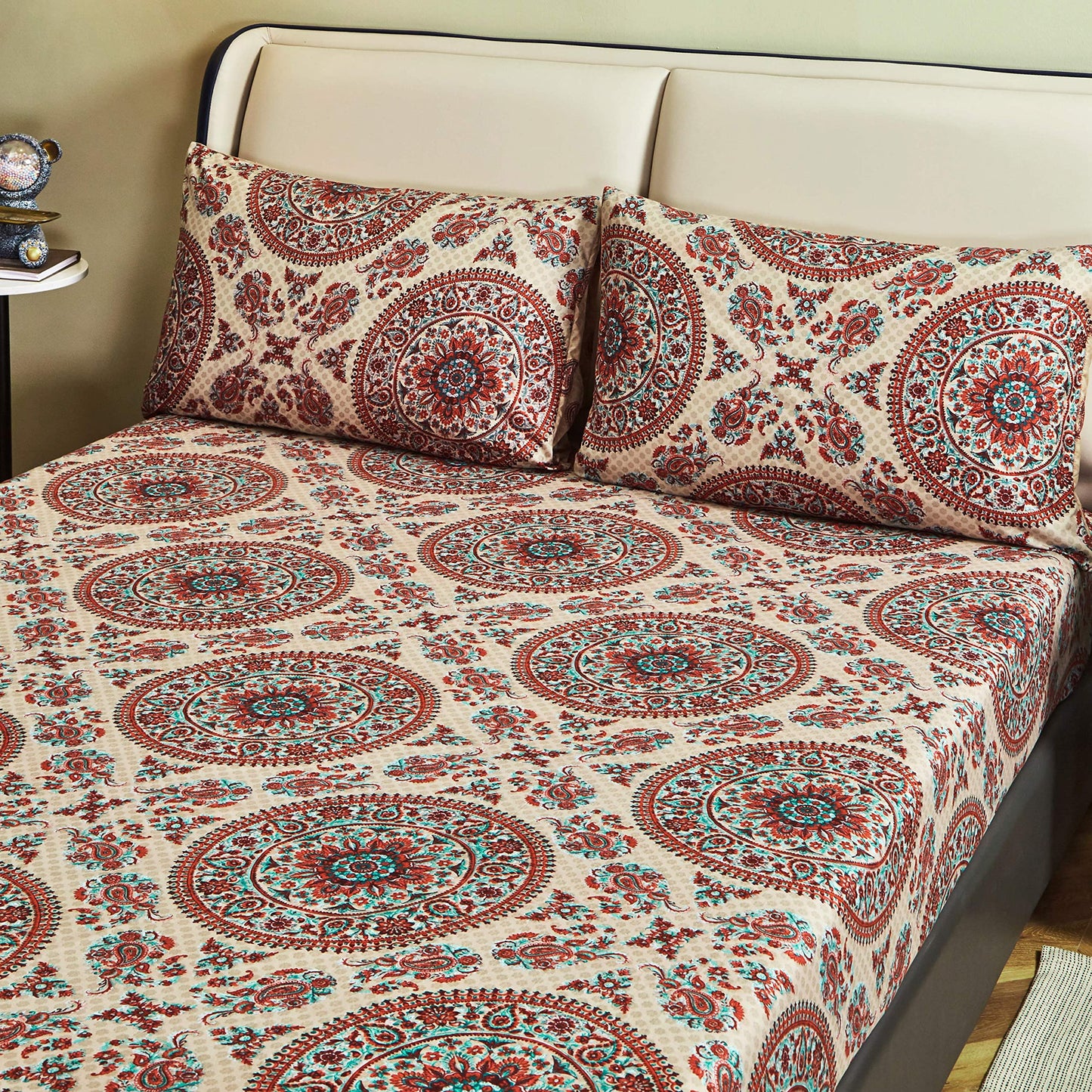 Tache Bohemian Mandala Fitted Sheet + Pillowcases - Retro Vintage Rustic Boho Chic Medallion Paisley Boteh 15-inch Deep Pocket Bed Sheet, 3 Piece Set, King