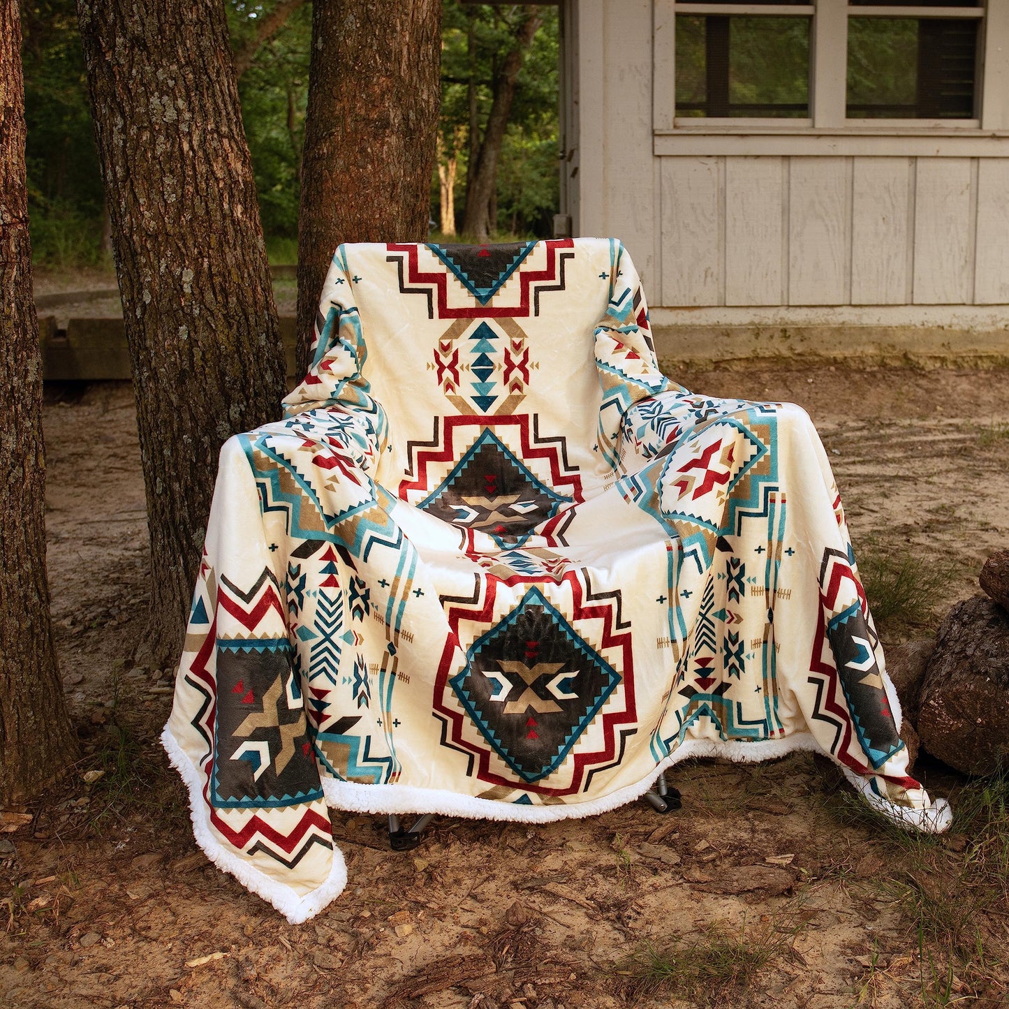 Paseo Road Indigo Hill by HiEnd Accents Spirit Valley Aztec 3 Piece Sherpa Throw Blanket Set, Tribal Navajo Print Fleece Throw Set, Western Southwestern Style, 1 Throw and 2 Throw Pillows