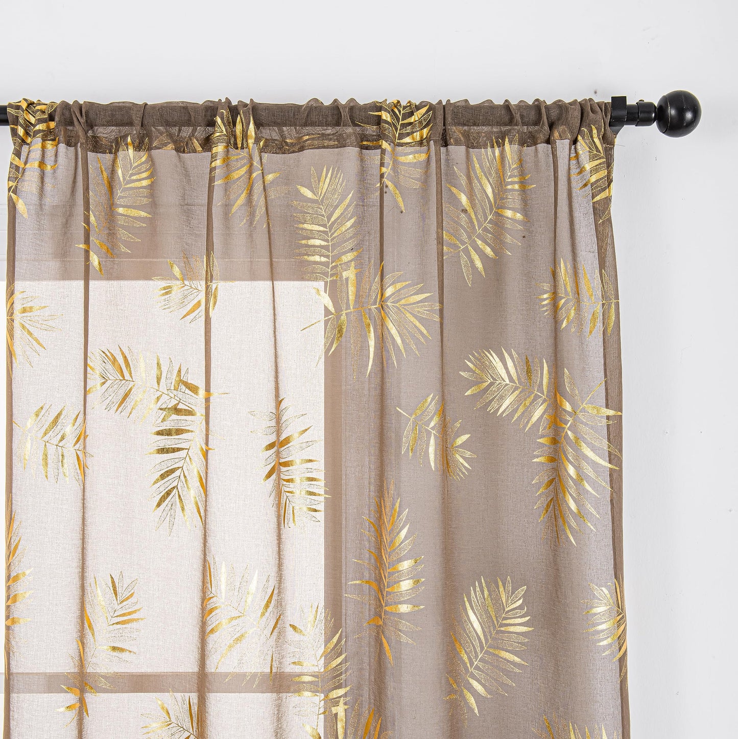Sutuo Home Taupe Sheer Curtains 84 Inches Long 2 Panels Set, Gold Foil Print Metallic Bronzing Tropical Leaves, Privacy Voile Window Treatment Decor Drape Pair for Bedroom Living Room 52" W x 84" L