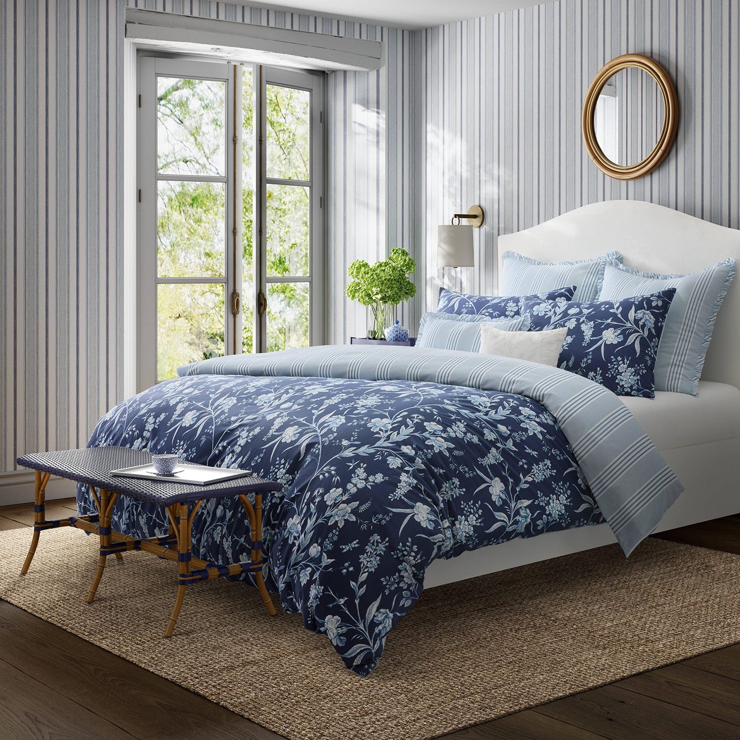 Laura Ashley – Queen Comforter Set, Reversible Floral Bedding with Matching Shams & Bonus Decorative Pillow Covers, Medium Weight, 7-Piece, College Dorm Room Essentials (Branch Toile Blue)