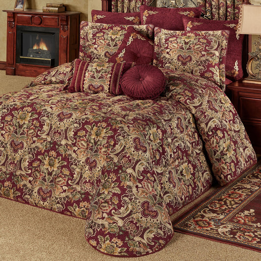Tosca Chateau Luxury Bedding | Warm Burgundy Red Chenille | Colorful Woven Jacobean Florals | 10 Pc Set: Cal King Bedspread, 2 King Shams, 2 Euro Shams, 2 Euro Pillow Inserts, and 3 Decorative Pillows