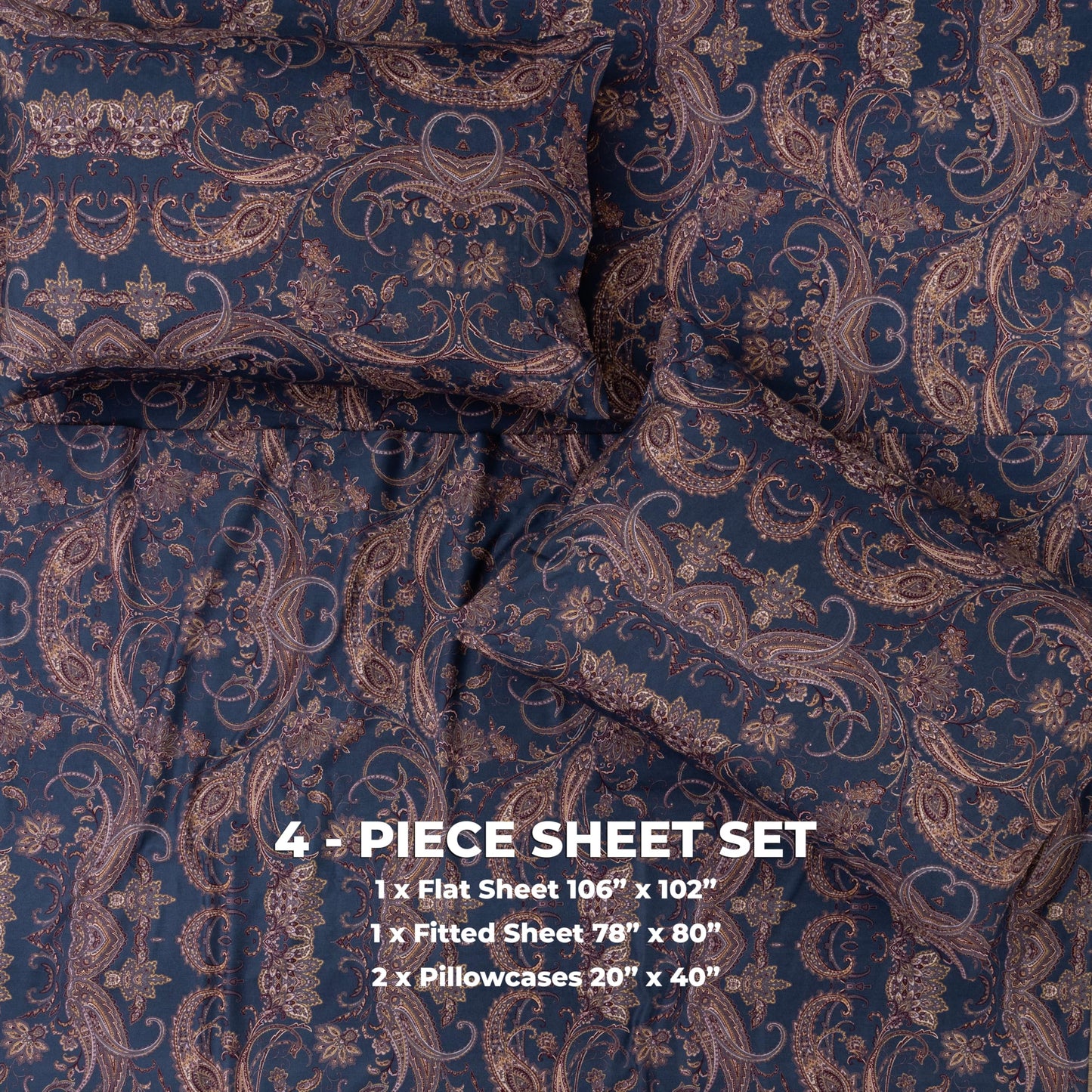 Dreamology Sheet Set King, 4 Pieces Microfiber Sheet, Printed Sheet Set with Solid Cuffed Detail, Includes 1 Flat Sheet, 1 Deep Pocket Fitted Sheet and 2 Pillowcases, King Sheets - Paisley