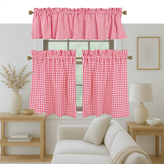 Native Fab Gingham Check 3 Pieces Window Curtain Tiers 26"x36" and Valance 54"x18" Set - Rod Pocket - Semi Sheer - Farmhouse Small Curtain for Kitchen, Bedroom, Living Room - Red and White