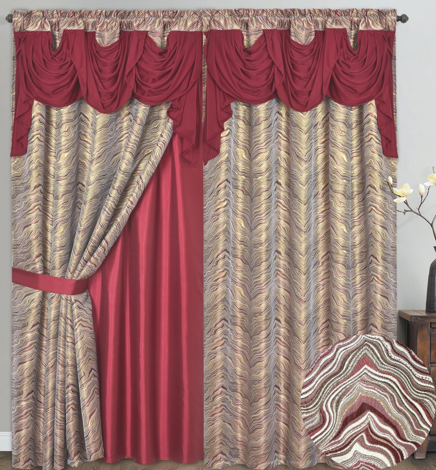 GOHD Marble Marvel Jacquard Window Curtains,with Attached Fancy Valance and Taffeta Backing,54" x 90" with 18" Valance,Elegant Textured Window Drapes for Living Room & Bedroom 100% Polyester(Burgundy)