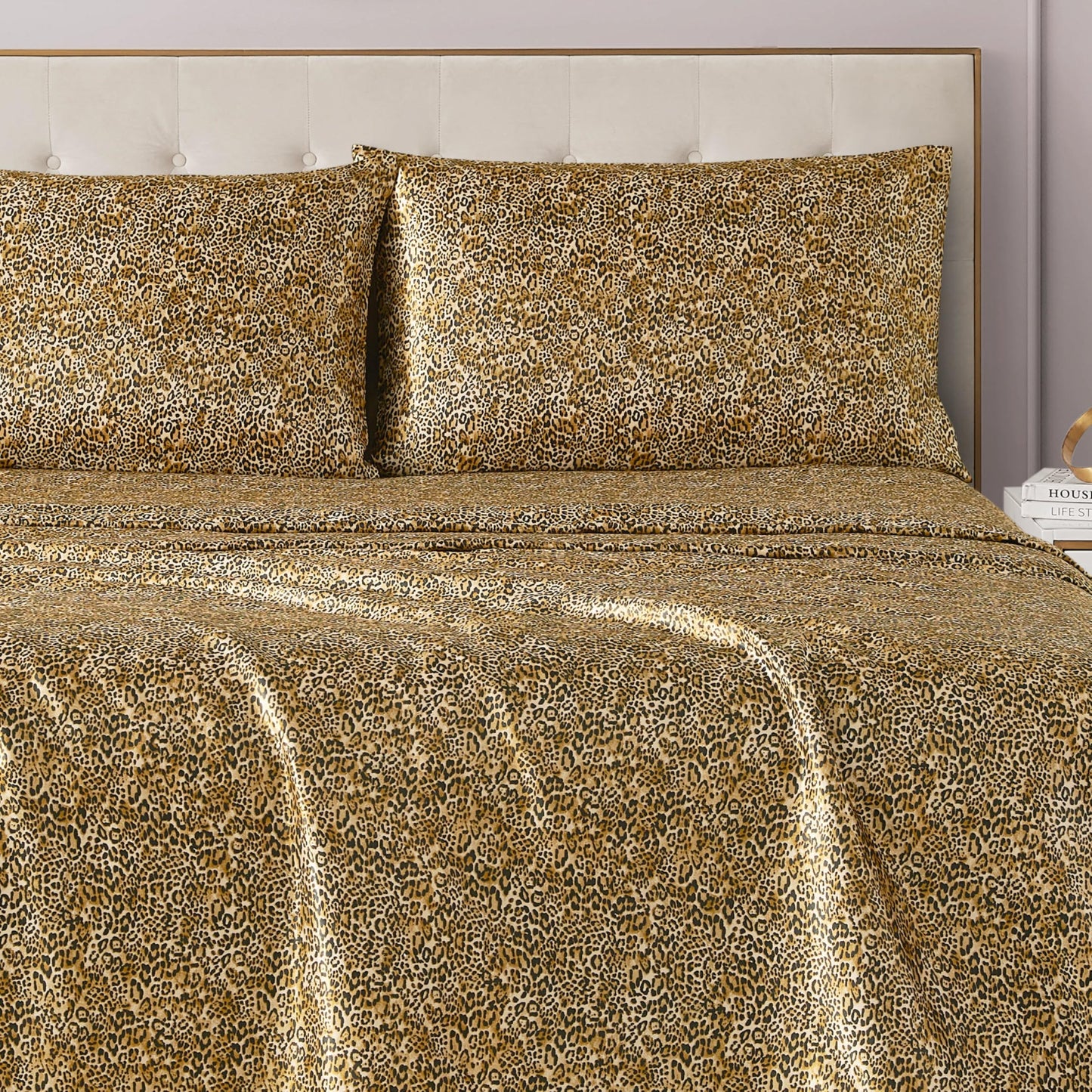 Juicy Couture Full Size Satin Bed Sheet Set, Deep Pocket Silky Full Sheet Set with 1 Fitted Sheet, 1 Flat Sheet, 2 Pillowcases, Wrinkle Resistant and Anti Pilling Bed Sheets - Monica Leopard