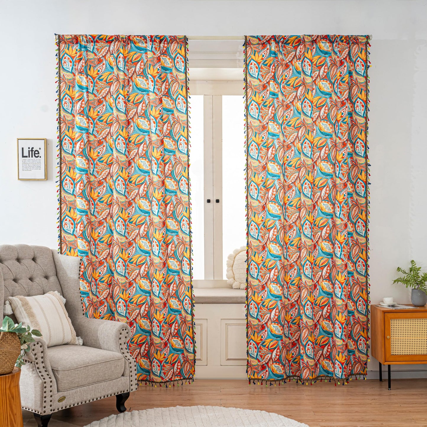 Erbnaryx Boho Paisley Curtains 72 Inches Long, Orange Blue Light Filtering Rod Pocket Drapes with Tassel Trim for Bedroom Living Room, 2 Panels