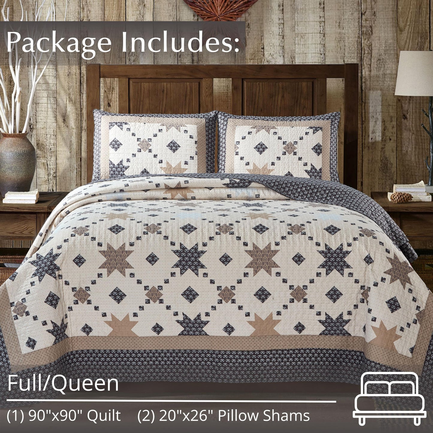 Virah Bella 3 Piece Full/Queen Cabin Quilt Bedding Set - Midnight Star - Rustic Country Reversible Patchwork Comforter Set with Decorative Pillow Shams