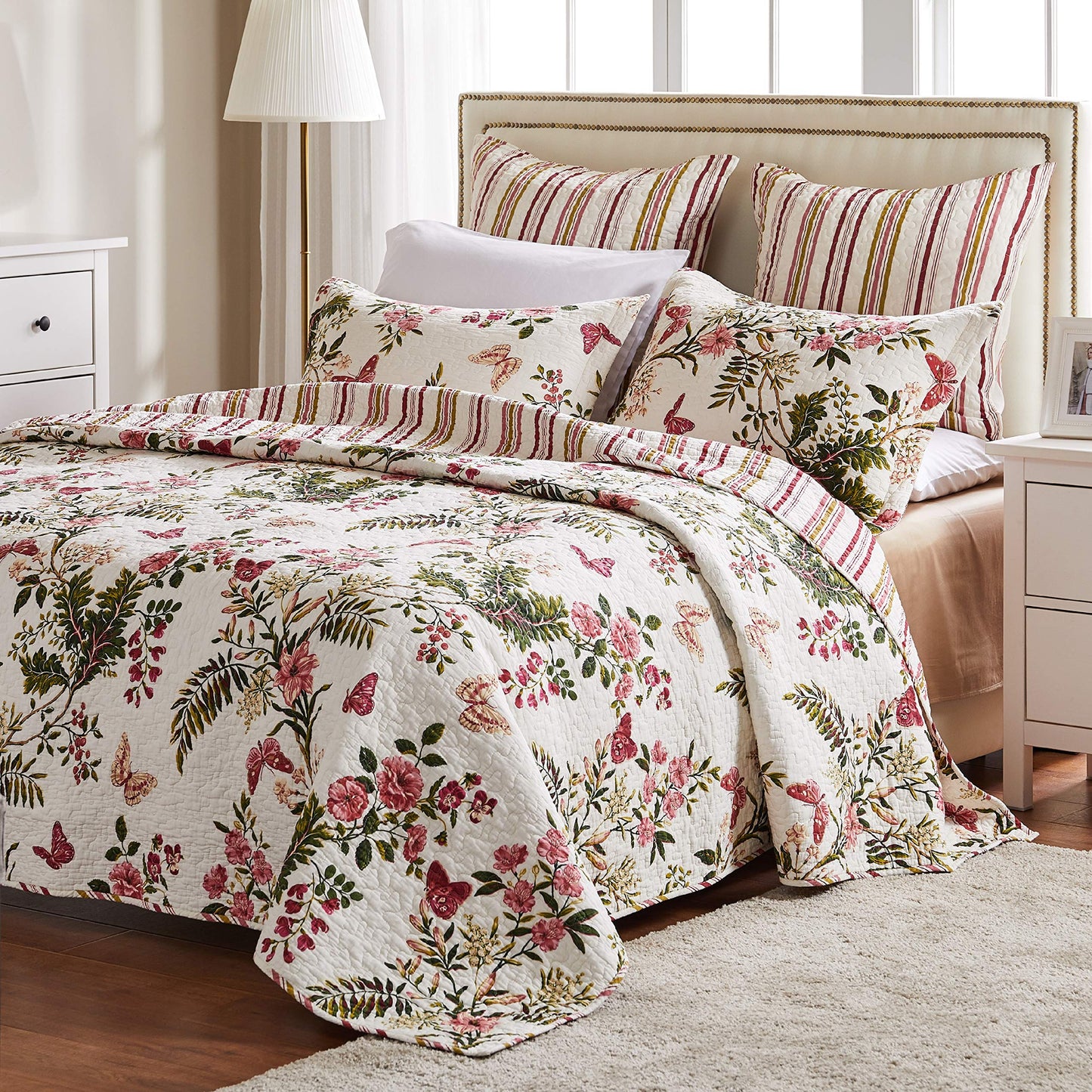 Greenland Home 100% Cotton Fashion Quilt Collection, Prewashed, Reversible Quilt Set, 3-Piece King/Cal King, Butterflies